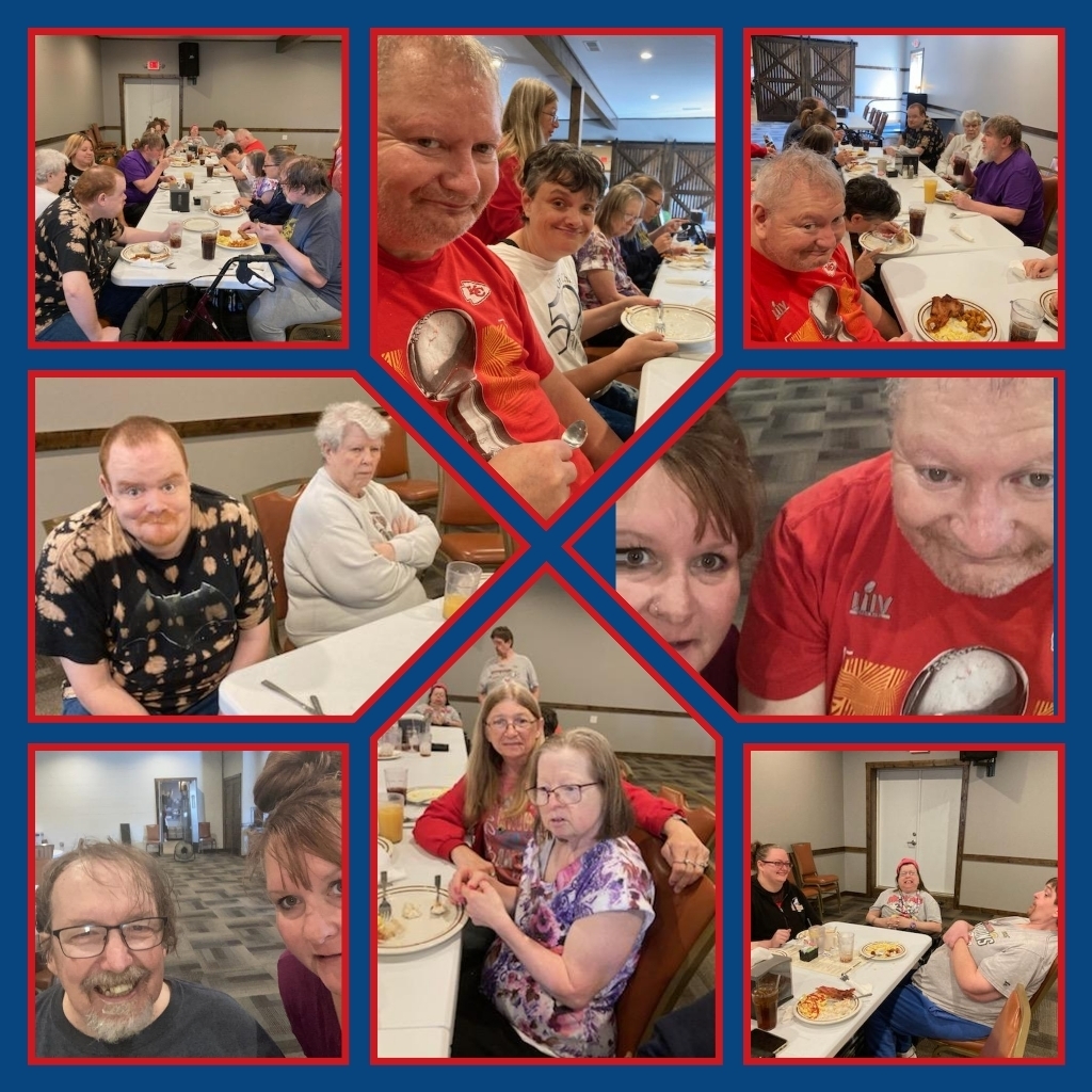 Collage of Branson and Pratt group at breakfast